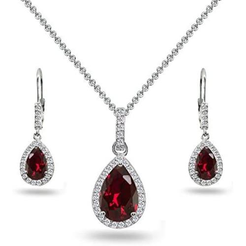 Sterling Silver Genuine, Created or Simulated Gem Teardrop Halo Dangling Necklace & Leverback Earrings