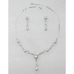 Faship Gorgeous CZ Crystal Freshwater Pearls Floral Necklace Earrings Set