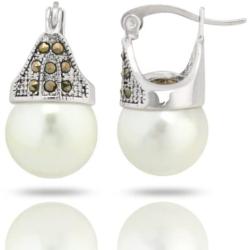 JanKuo Jewelry Rhodium Plated White Simulated Pearl Marcasite Earrings