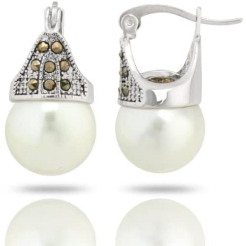 JanKuo Jewelry Rhodium Plated White Simulated Pearl Marcasite Earrings
