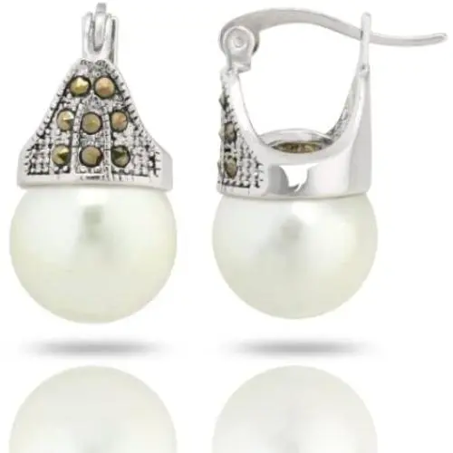 JanKuo Jewelry Rhodium Plated White Simulated Pearl Marcasite Earrings JanKuo Jewelry Rhodium Plated White Simulated Pearl Marcasite Earrings