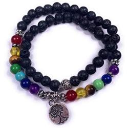 Skye Jewelry Elastic Stretchy Double Wrap Over Beaded Bracelet w/Lava Rocks and Multi Colored Chakra Beads & Tree of Life Pendant