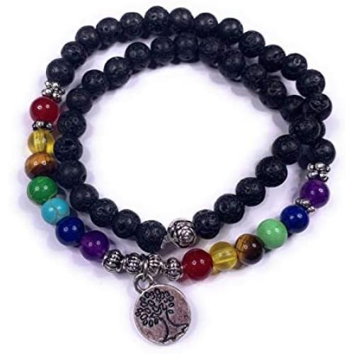 Skye Jewelry Elastic Stretchy Double Wrap Over Beaded Bracelet w/Lava Rocks and Multi Colored Chakra Beads & Tree of Life Pendant