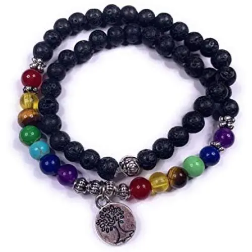 Skye Jewelry Elastic Stretchy Double Wrap Over Beaded Bracelet w/Lava Rocks and Multi Colored Chakra Beads & Tree of Life Pendant