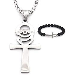 GUNGNEER Coptic Ancient Egyptian Talisman Amulet Ankh Cross Pendant Eye of Horus Necklace Stainless Steel Jewelry