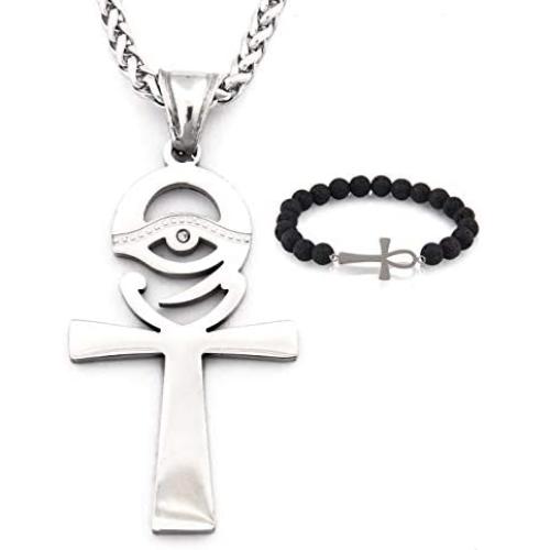 GUNGNEER Coptic Ancient Egyptian Talisman Amulet Ankh Cross Pendant Eye of Horus Necklace Stainless Steel Jewelry