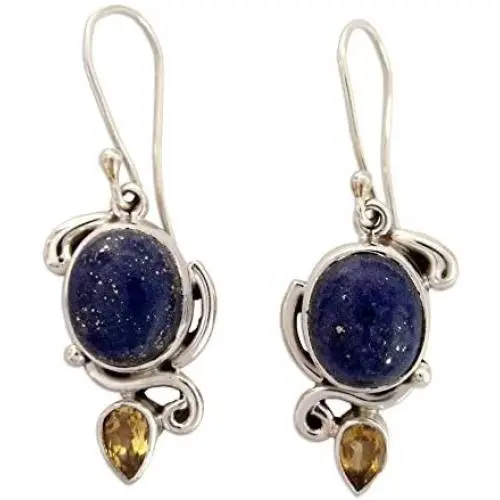 NOVICA Lapis Lazuli and Citrine Dangle Earrings in 925 Sterling Silver Settings Royal Charm NOVICA Lapis Lazuli and Citrine Dangle Earrings in 925 Sterling Silver Settings Royal Charm