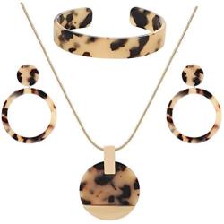 Leopard Earrings Necklace Bracelet for Women Acrylic Circle Hoop Dangle Earring Long Disc Pendant Necklace Open Cuff Bangle Resin Cheetah Jewelry Set for Ladies Girls