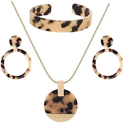 Leopard Earrings Necklace Bracelet for Women Acrylic Circle Hoop Dangle Earring Long Disc Pendant Necklace Open Cuff Bangle Resin Cheetah Jewelry Set for Ladies Girls