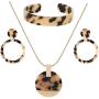 Leopard Earrings Necklace Bracelet for Women Acrylic Circle Hoop Dangle Earring Long Disc Pendant Necklace Open Cuff Bangle Resin Cheetah Jewelry Set for Ladies Girls