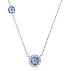 TONGZHE Round Blue Evil Eyes Pendant Necklace in Sterling Silver 925 CZ Adjustable 16''/17''/18'' Cable Chain