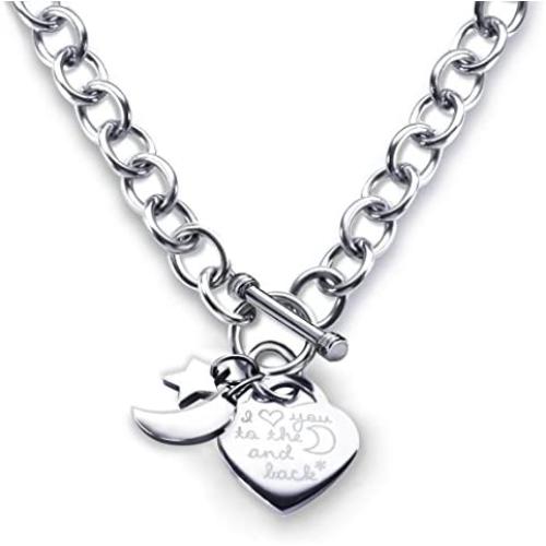 Charm Heart Necklace I Love You to the Moon and Back Toggle Stainless Steel For Women Girls, 18''
