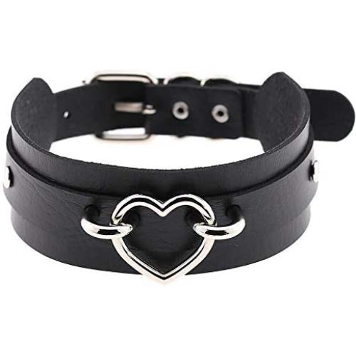 MJartoria Gothic Jewelry-PU Leather Choker Goth Necklace for Women-O-Ring Heart Punk Rock Adjustable Black Collar Choker Cosplayer