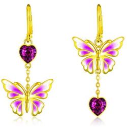 AOBOCO 18K Gold Plated Sterling Silver Butterfly Drop Dangle Earrings, Purple Enameled Leverback Dangle Earrings with Love Heart Crystals from Austria, Birthday Gifts for Women Girls