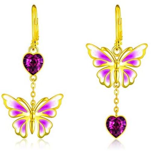 AOBOCO 18K Gold Plated Sterling Silver Butterfly Drop Dangle Earrings, Purple Enameled Leverback Dangle Earrings with Love Heart Crystals from Austria, Birthday Gifts for Women Girls