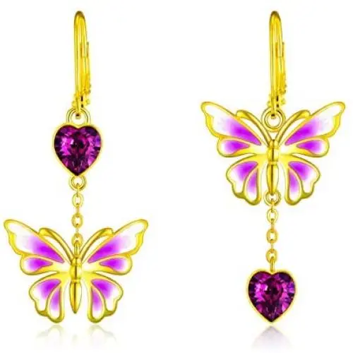 AOBOCO 18K Gold Plated Sterling Silver Butterfly Drop Dangle Earrings, Purple Enameled Leverback Dangle Earrings with Love Heart Crystals from Austria, Birthday Gifts for Women Girls