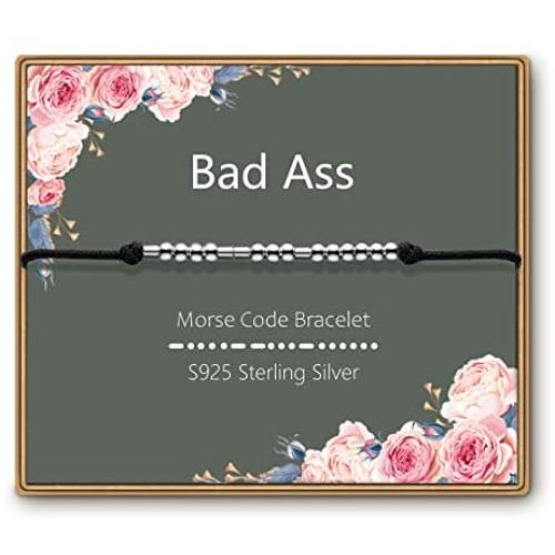 ASELFAD Badass Morse Code Bracelets for Women,Sterling Silver Beads on Cord,Funny Friendships Inspirational Jewelry Gift for Her Mom Wife Friends Female Best Friend Sister Grandma