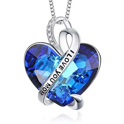 AOBOCO I Love You Mom Necklace Sterling Silver Heart Pendant Embellished with Crystals from Austria, Fine Birthday Jewelry Gifts for Mom Grandma Mother-to-be Mother-in-law Stepmom