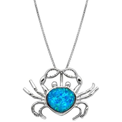 Honolulu Jewelry Company Sterling Silver Simulated Blue Opal Crab Pendant Necklace with 18'' Box Chain
