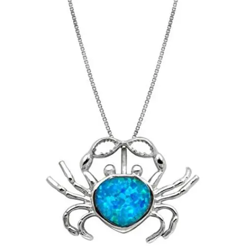 Honolulu Jewelry Company Sterling Silver Simulated Blue Opal Crab Pendant Necklace with 18'' Box Chain
