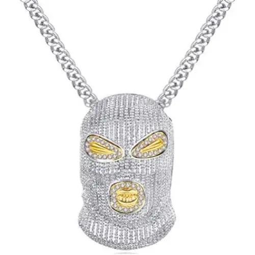 Nsitbbuery Hip Hop Nightclub Bars Plated Alloy Iced Out Mask Pendant Cuban Chain Necklace Nsitbbuery Hip Hop Nightclub Bars Plated Alloy Iced Out Mask Pendant Cuban Chain Necklace