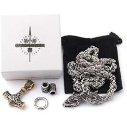 Gungneer Thors Hammer Pendant Mixed Gold Color Viking Mjolnir Necklace for Men with Wolf Head, 316L Stainless Steel Bonus 2 Rune Beads