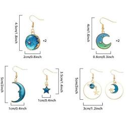 TIANHONGYAN-4 Pairs Enamel Moon Star Earth Planet Dangle Earrings for Women Asymmetrical Drop Long Pendant Hook Stud Earrings Set Fashion Jewelry for Women Girls