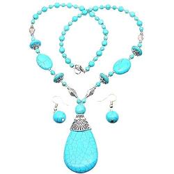 HSQYJ Bohemia Blue Turquoise Pendant Long Beaded Necklace Earring Set with Round Turquoise Bead Drop Dangle Earrings Set for Women Vintage Ethnic Pendant Jewelry…