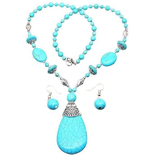HSQYJ Bohemia Blue Turquoise Pendant Long Beaded Necklace Earring Set with Round Turquoise Bead Drop Dangle Earrings Set for Women Vintage Ethnic Pendant Jewelry…
