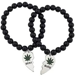 Lux Accessories Black Beaded Best Buds Weed 420 Marijuana BFF Best Friends Matching Bracelet Set