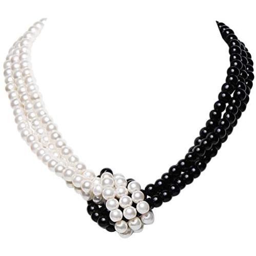 Coucoland 1920s Imitation Pearls Necklace 20s Gatsby Knot Pearl Necklace 1920s Flapper Pearls Accessories Two-Tone Stitching Style