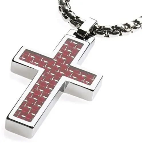 GESTALT COUTURE Unique Tungsten Cross Pendant. 4mm Wide Surgical Stainless Steel Box Chain. Red Carbon Fiber Inlay. GESTALT COUTURE Unique Tungsten Cross Pendant. 4mm Wide Surgical Stainless Steel Box Chain. Red Carbon Fiber Inlay.