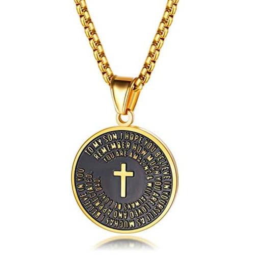 Round Cross Scripture Stainless Steel Pendant Necklace Metal Necklace for Men and Women
