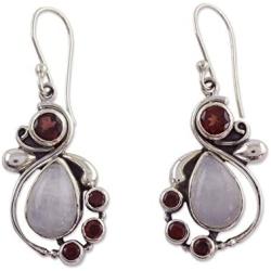 NOVICA Rainbow Moonstone and Garnet .925 Sterling Silver Dangle Earrings Exquisite