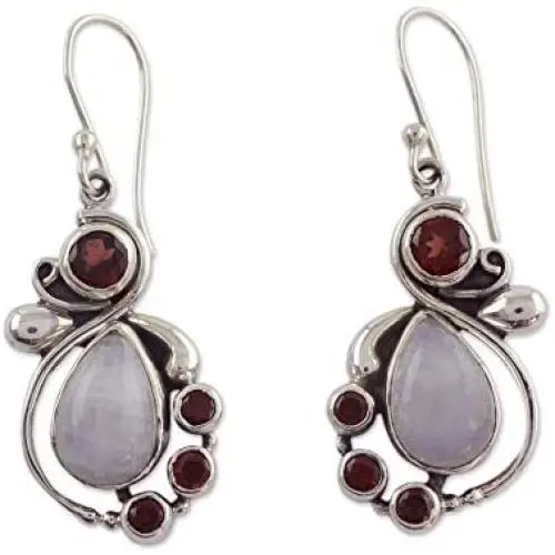 NOVICA Rainbow Moonstone and Garnet .925 Sterling Silver Dangle Earrings Exquisite NOVICA Rainbow Moonstone and Garnet .925 Sterling Silver Dangle Earrings Exquisite