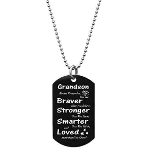 Queenberry Grandson Braver Stronger Smarter Love Granddad Grandma Photo Engraving Custom Dog Tag/Necklace - Black/Blue