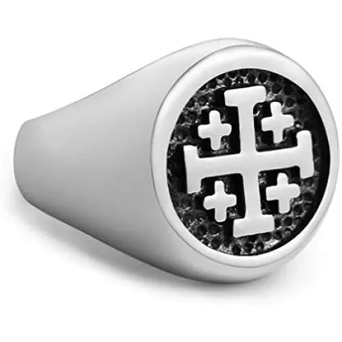 HZMAN Mens Vintage Stainless Steel Crusader Jerusalem Cross Ring