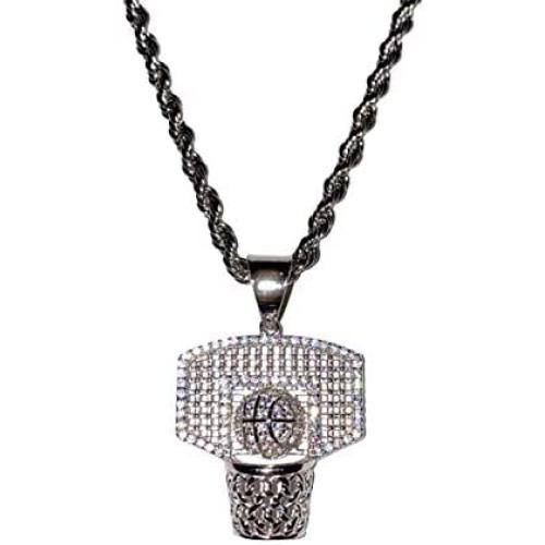 Shop-iGold Men Women 925 Italy Iced Silver Iced Basket Ball Charm Ice Out Pendant Stainless Steel Real 2 mm Rope Chain Necklace, Mens Jewelry, Iced Pendant, Rope Necklace