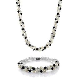 Gem Stone King 17 Inch White Cultured Freshwater Pearl and Black Crystal Necklace + Bracelet Set 7 Inch