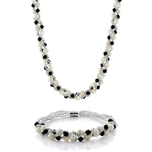 Gem Stone King 17 Inch White Cultured Freshwater Pearl and Black Crystal Necklace + Bracelet Set 7 Inch