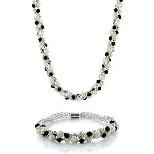 Gem Stone King 17 Inch White Cultured Freshwater Pearl and Black Crystal Necklace + Bracelet Set 7 Inch Gem Stone King 17 Inch White Cultured Freshwater Pearl and Black Crystal Necklace + Bracelet Set 7 Inch
