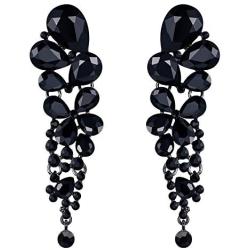 EVER FAITH Womens Crystal Gorgeous Tear Drop Wedding Dangle Pierced Earrings Jet Color Black-Tone