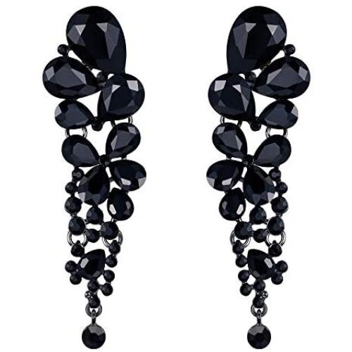 EVER FAITH Womens Crystal Gorgeous Tear Drop Wedding Dangle Pierced Earrings Jet Color Black-Tone