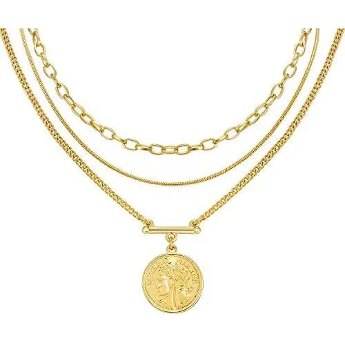 LANE WOODS Layered 18k Gold Plated Necklaces for Women - Multilayer Coin Medallion Pendant Necklace Adjustable Layering Choker Necklaces Chain Set for Women Girls Jewelry