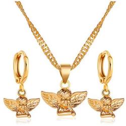 HUJUON Gold Angel Baby Necklace Hoop Earring Set for Women.Cherub Angel Wing Guardian Dangle Earring Pendant Necklace