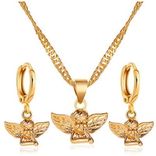 HUJUON Gold Angel Baby Necklace Hoop Earring Set for Women.Cherub Angel Wing Guardian Dangle Earring Pendant Necklace
