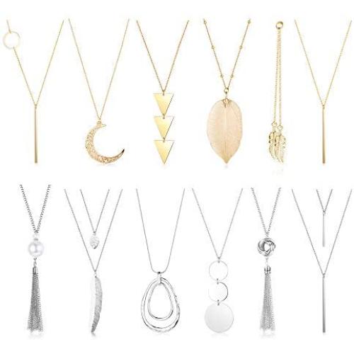 Besteel 12PCS Long Pendant Necklace Set Simple Bar Leaf Circle Tassel Layer Y Strands Necklaces for Women