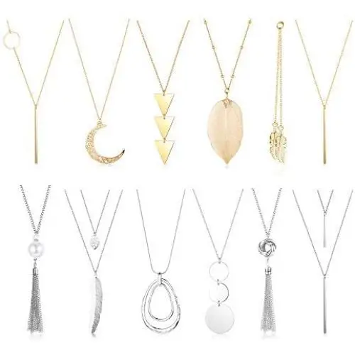 Besteel 12PCS Long Pendant Necklace Set Simple Bar Leaf Circle Tassel Layer Y Strands Necklaces for Women Besteel 12PCS Long Pendant Necklace Set Simple Bar Leaf Circle Tassel Layer Y Strands Necklaces for Women