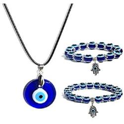 Pingyongchang 3 Pcs Set Evil Eye Necklace and Bracelet Blue Beaded Charm Stretch 8mm & 10mm Bracelet Hamsa Hand Charm Beaded Couples Bracelets Lucky Jewelry for Women Men