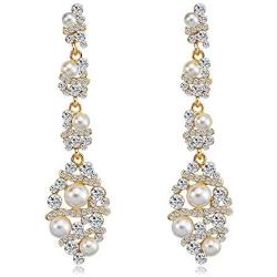 León Jewelry Long Dangle Drop Earrings Faux Pearl Bohemian Rhinestone Wedding Bridal Bride Bridesmaid